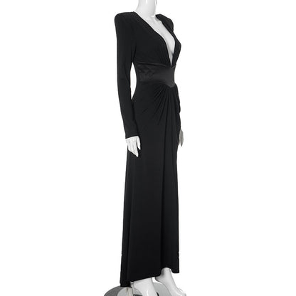 Black Sexy Deep V Long Sleeve High Slit Maxi Dress