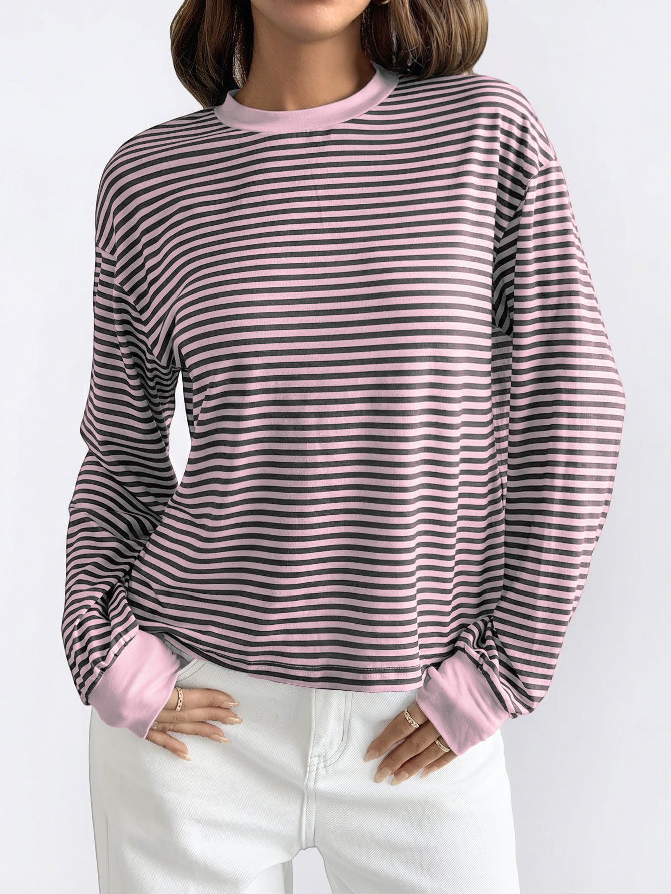 Pink Black Striped Long Sleeve Crew Neck Casual Tee