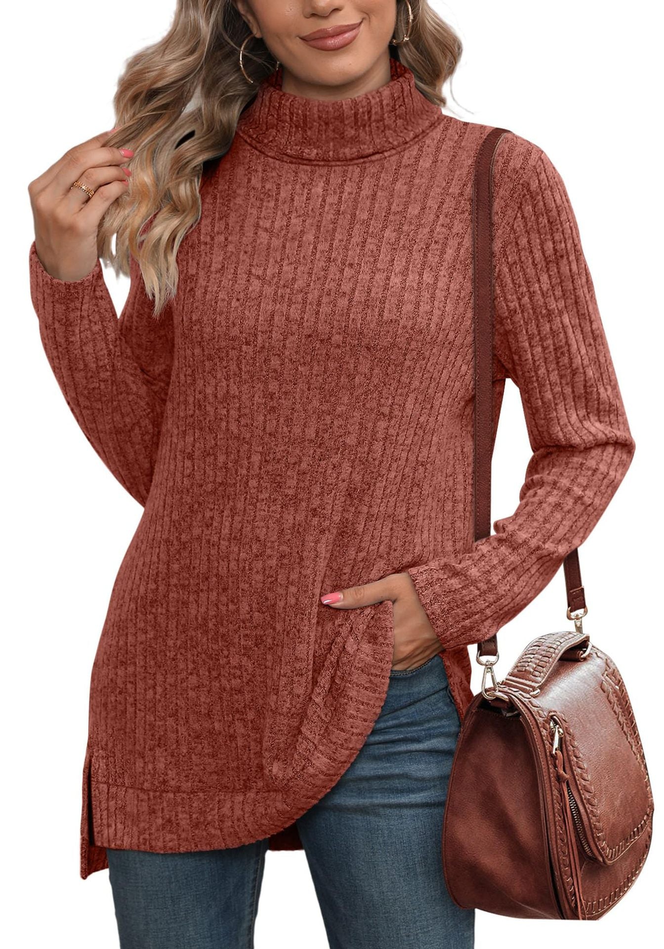 Women's Oversized Cowl Neck Long Sleeve Side Slit Tunic Top