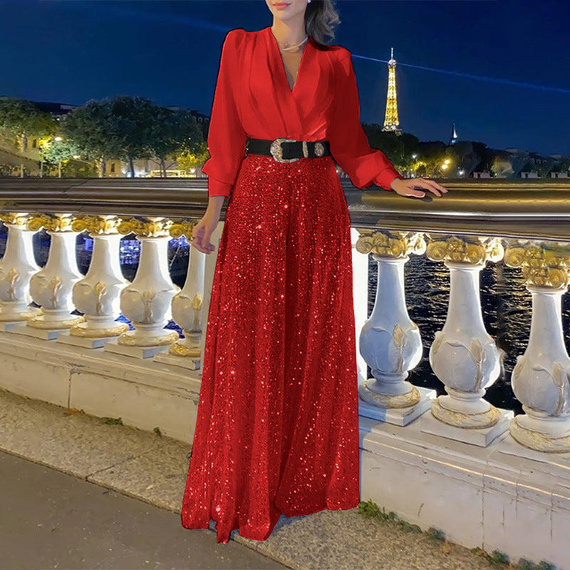 Women's 2 Piece Sequin Wide Leg Pants V Neck Belted Set