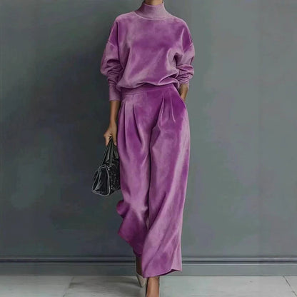 Women Elegant Mock Neck Wide Leg Pants Matching Set