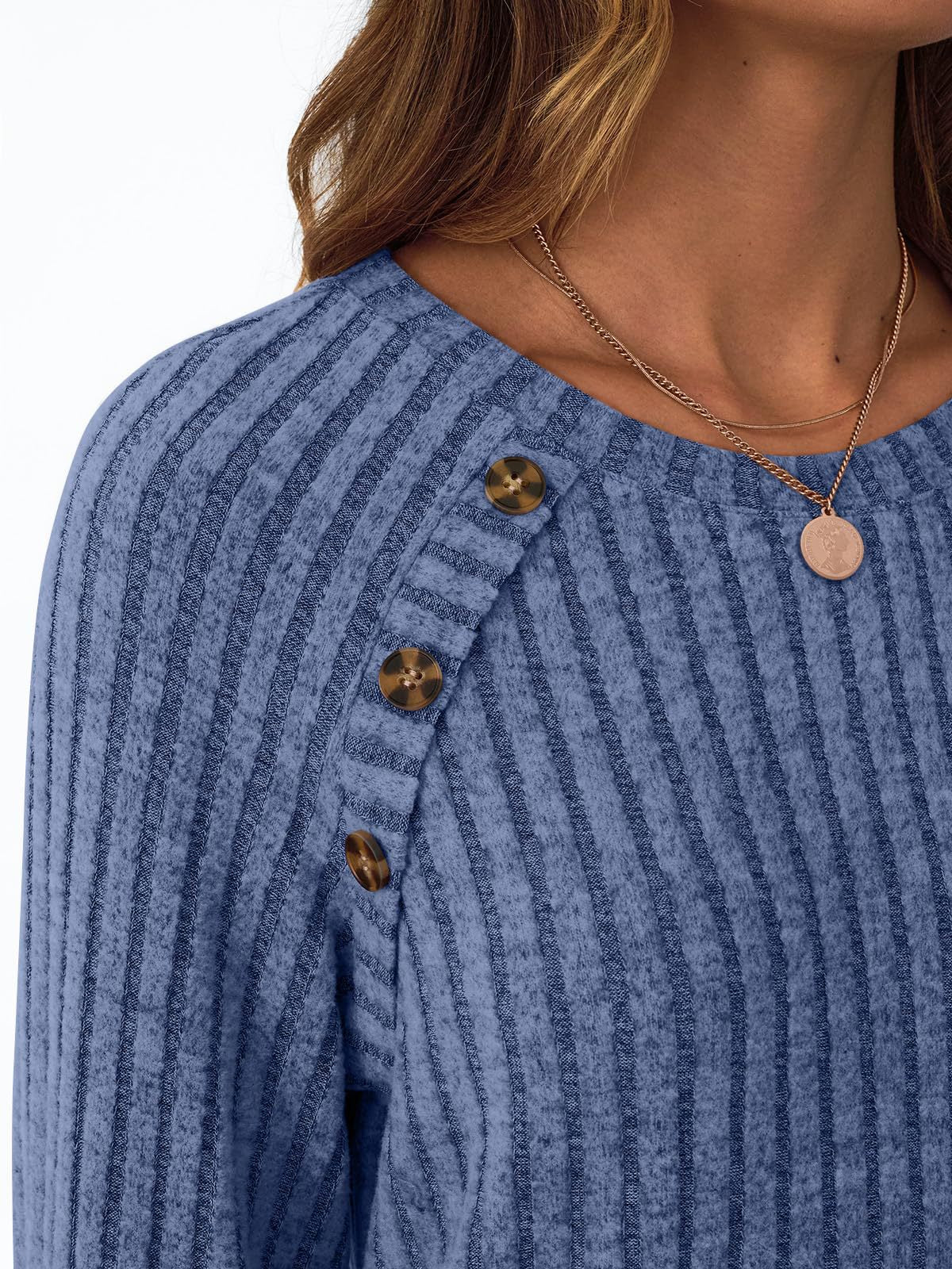 Ribbed Knit Crewneck Sweatshirt with Button Detail