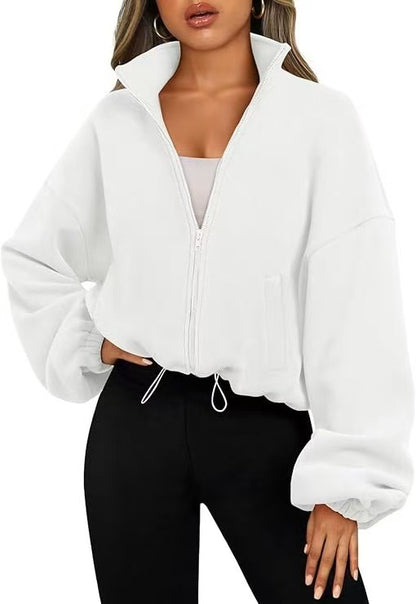 Womens Oversized Fleece Zip Up Jacket Stand Collar Cropped