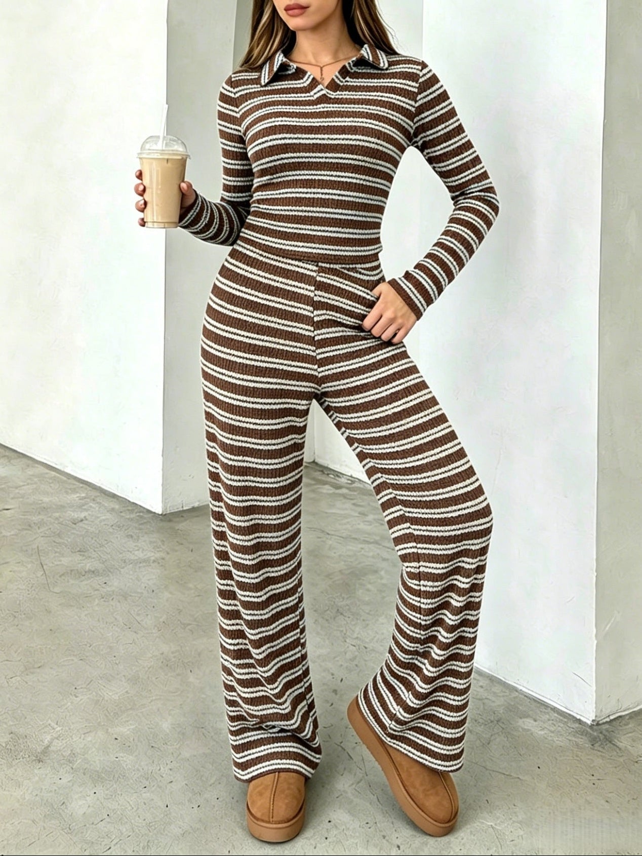 Striped Colorblock Collar Long Sleeve Top & Pants Set