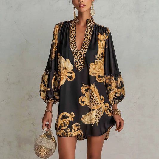 Leopard Floral Satin Mini Dress V-Neck Puff Sleeve