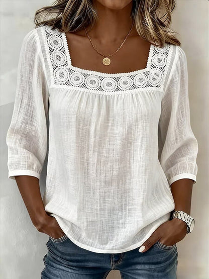 Women's Square Neck Eyelet Lace 3/4 Sleeve Summer Blouse
