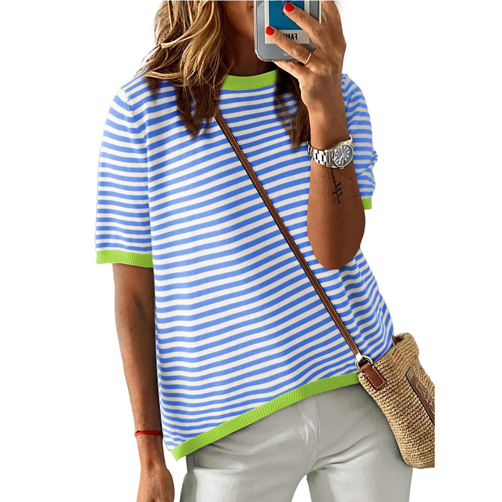 Red Stripe Contrast Trim Short Sleeve Knit Tee