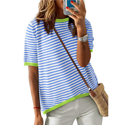 Red Stripe Contrast Trim Short Sleeve Knit Tee