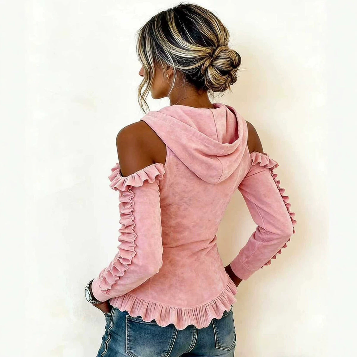 Women's Cold Shoulder Ruffle Long Sleeve Drawstring Hoodie