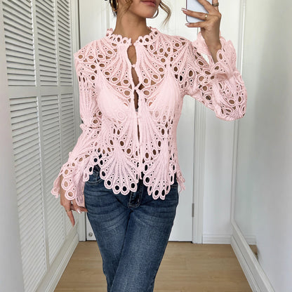 Women's Crochet Lace Button Front Blouse with Bell Sleeves