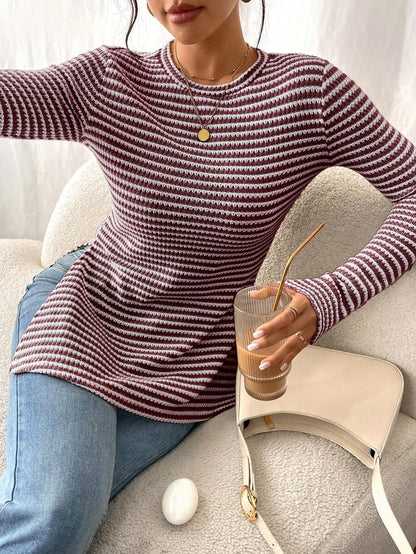 Striped Ribbed Knit Long Sleeve Side Slit Casual Top
