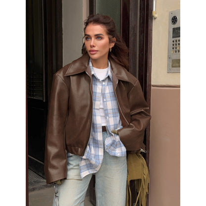 Women's Oversized Faux Leather Moto Jacket Zip Up