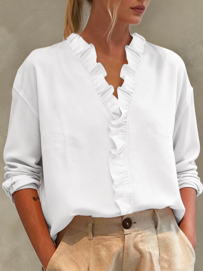 Women's Ruffled V-Neck Long Sleeve Loose Casual Blouse Top