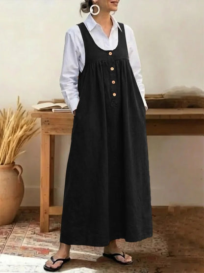 Women's Solid Button Front Jumper Dress Sleeveless