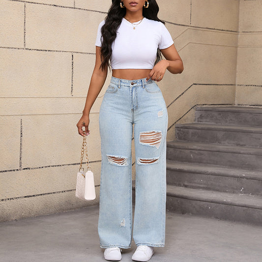 Ripped Denim Wide Leg Pants High Waist Casual Jeans