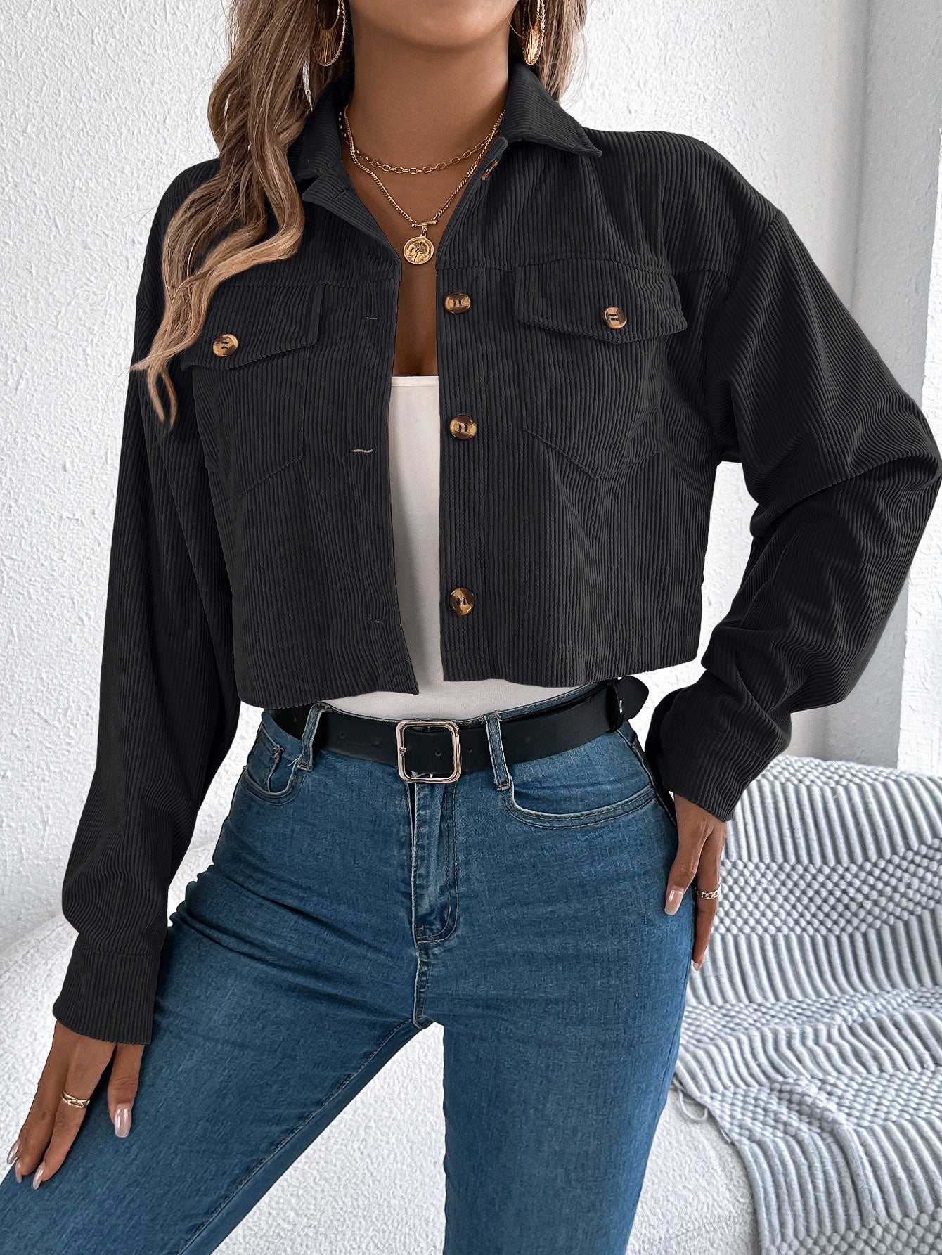 Corduroy Cropped Button Down Shacket for Women