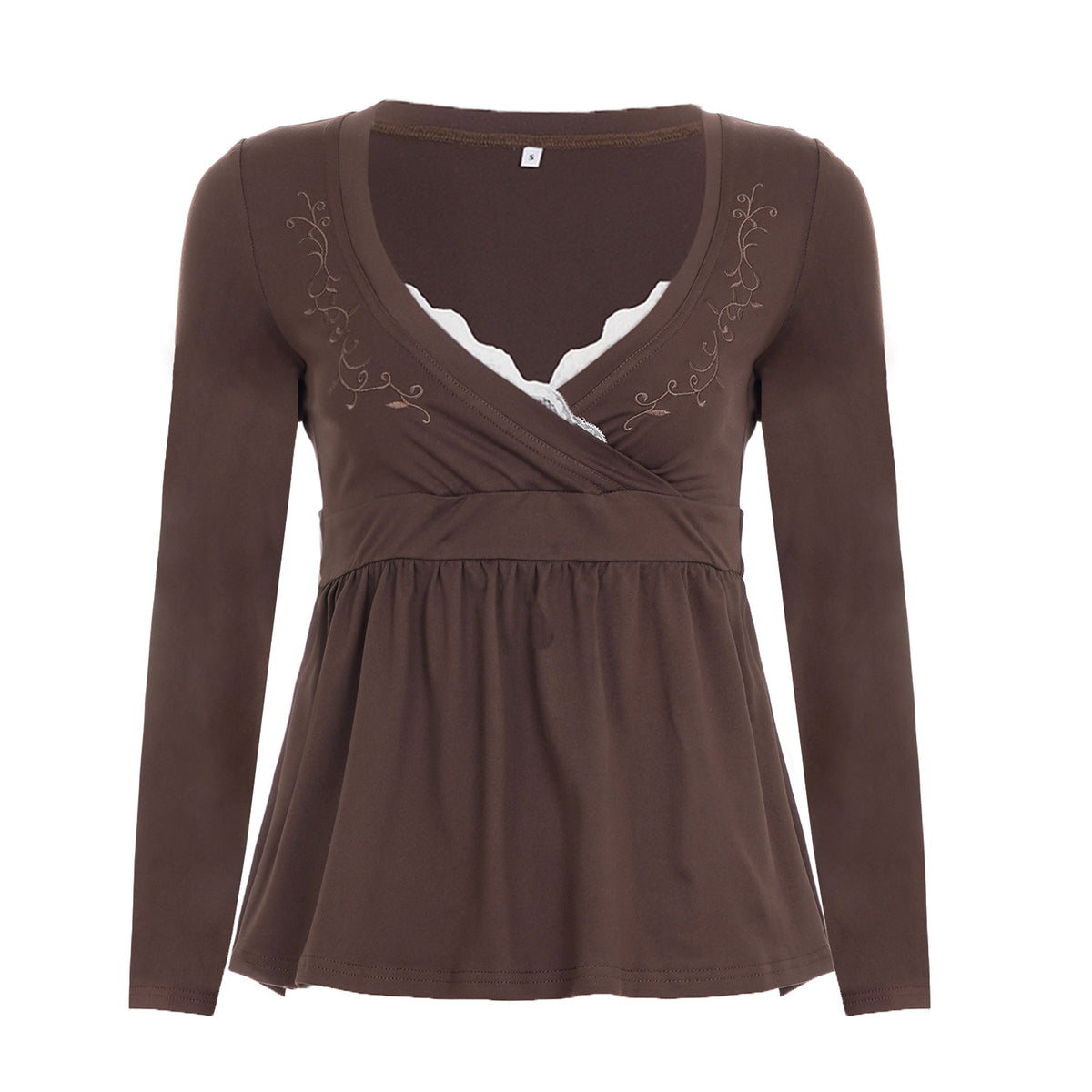 Brown Lace V Neck Embroidered Babydoll Long Sleeve Top
