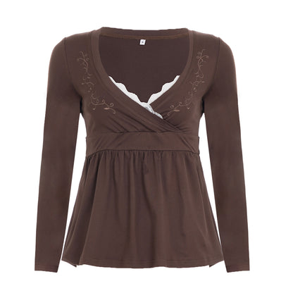 Brown Lace V Neck Embroidered Babydoll Long Sleeve Top