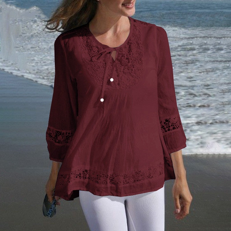 Women's Boho Lace Cotton Linen 3/4 Sleeve Tunic Blouse