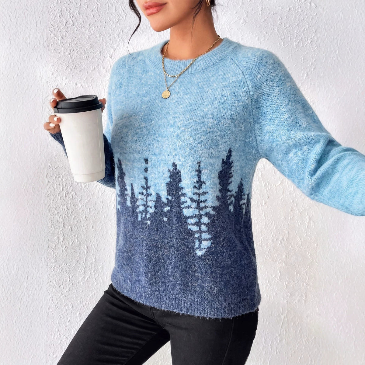 Women's Oversized Forest Jacquard Crewneck Sweater