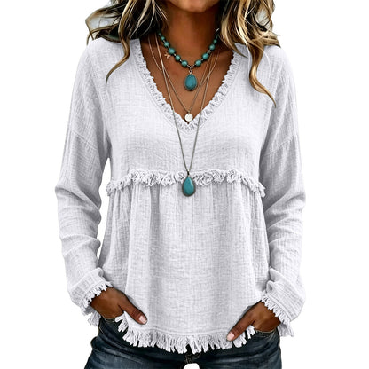 Women's Boho Fringe V Neck Long Sleeve Casual Blouse