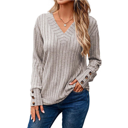 Women's V Neck Ribbed Long Sleeve Button Cuff Top