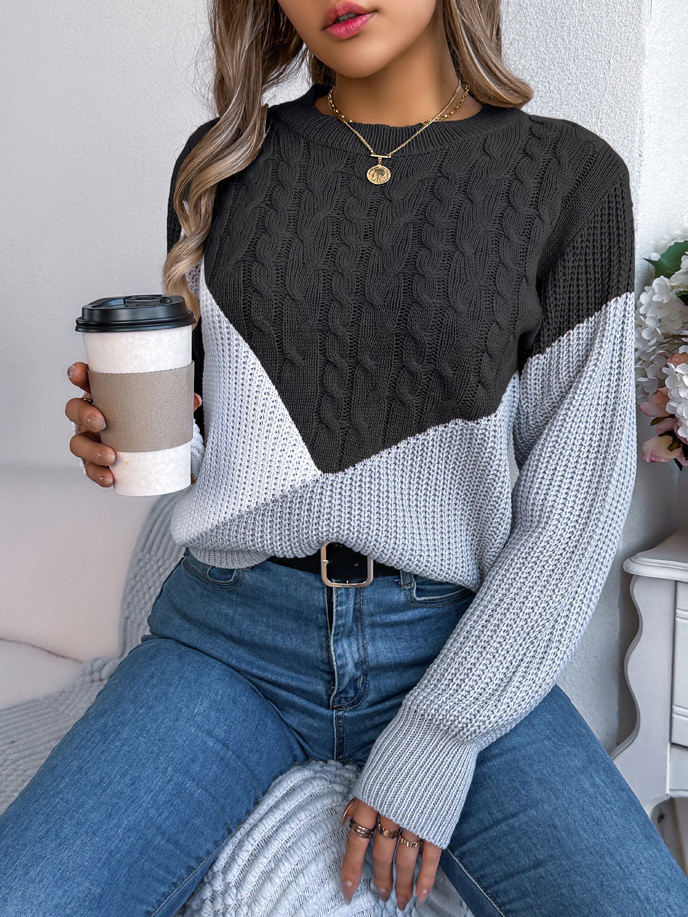 Colorblock Cable Knit Sweater – Casual Fall Winter Pullover