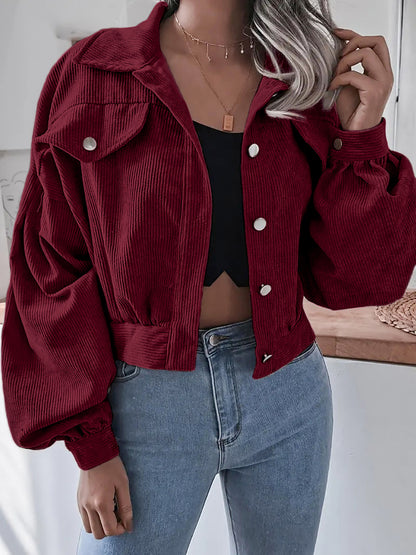 Womens Corduroy Cropped Jacket Balloon Sleeve Oversized