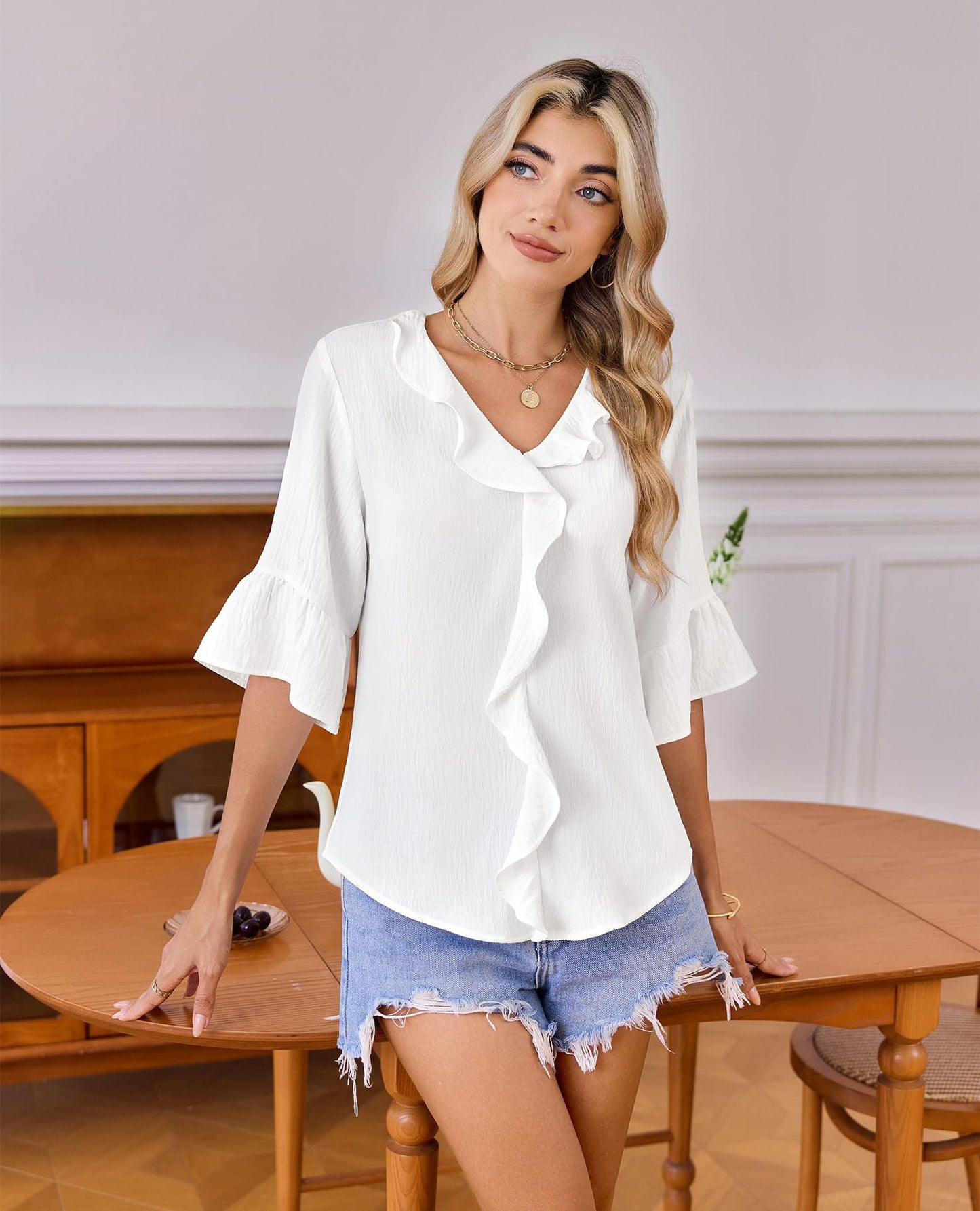 Ruffle V Neck 3/4 Sleeve Textured Blouse Top
