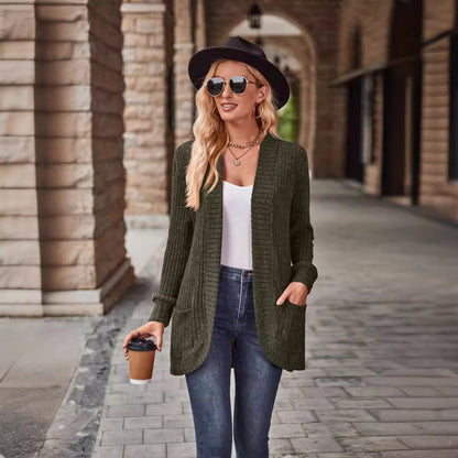 Women's Open Front Ribbed Knit Long Cardigan with Pockets