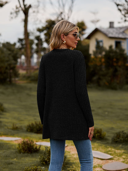 Ribbed Knit Cardigan Long Sleeve Button Pocket Sweater