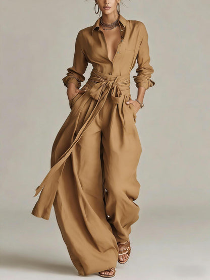Tie Waist Wide Leg Jumpsuit Long Sleeve Solid Chic