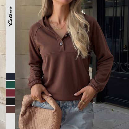 Women's Hooded Henley Pullover Sweatshirt Casual