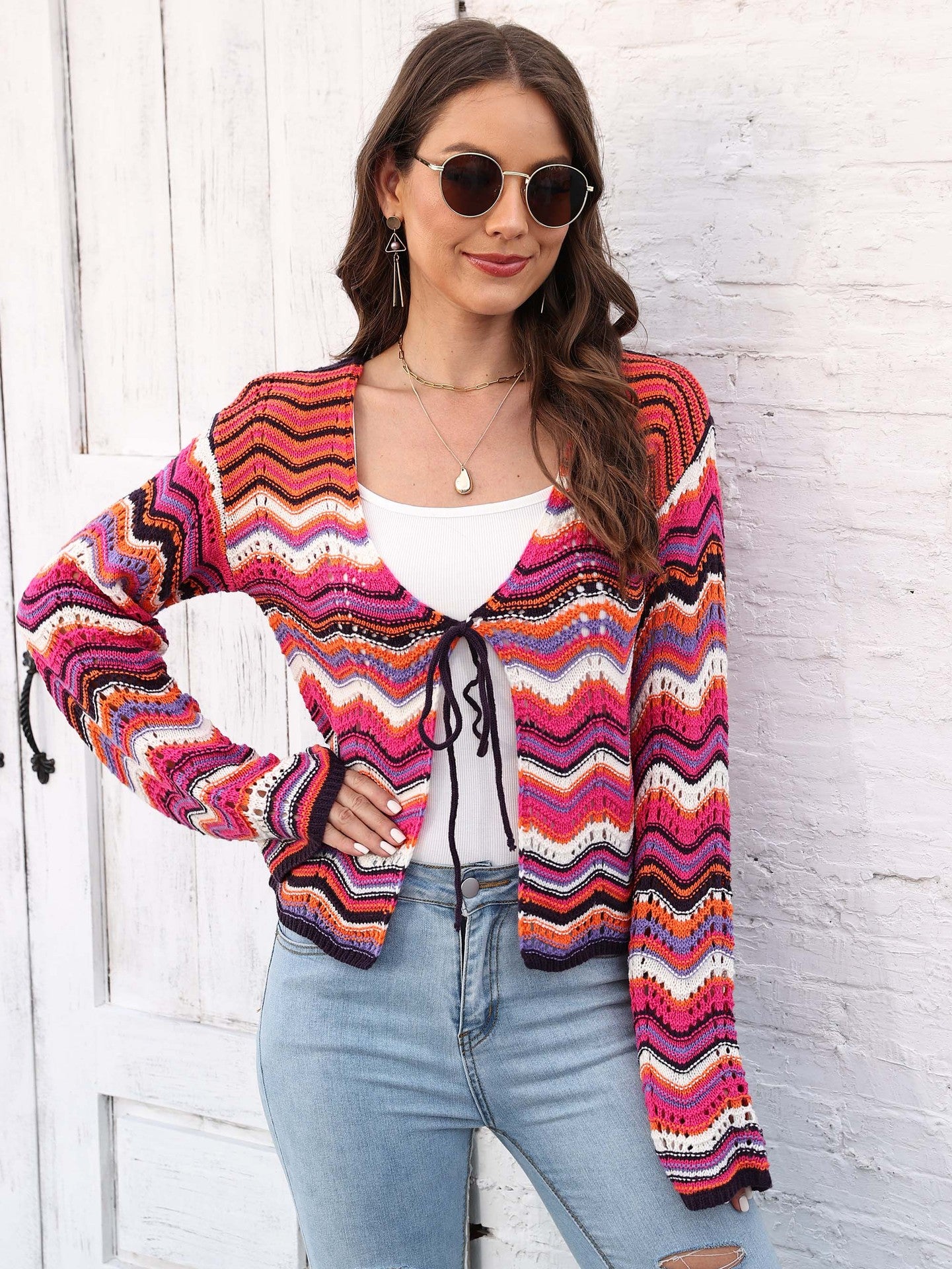 Rainbow Splicing Striped Strap Sweater Jacket