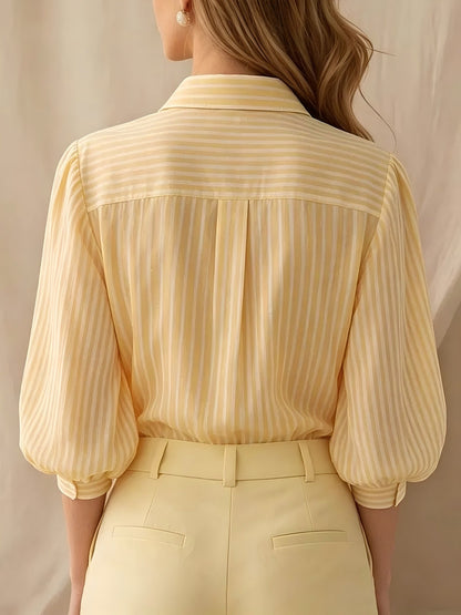 Striped Puff Sleeve Collared Workwear Blouse