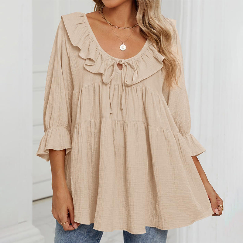 Women's Boho Ruffled Tie Front Tiered Bell Sleeve Top