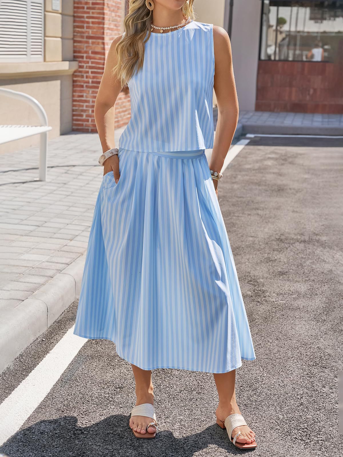 Women's Striped Cotton Tank & Midi Skirt Two-Piece Set