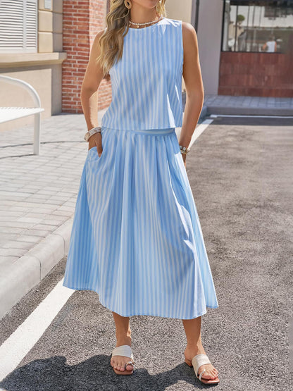 Women's Striped Cotton Tank & Midi Skirt Two-Piece Set