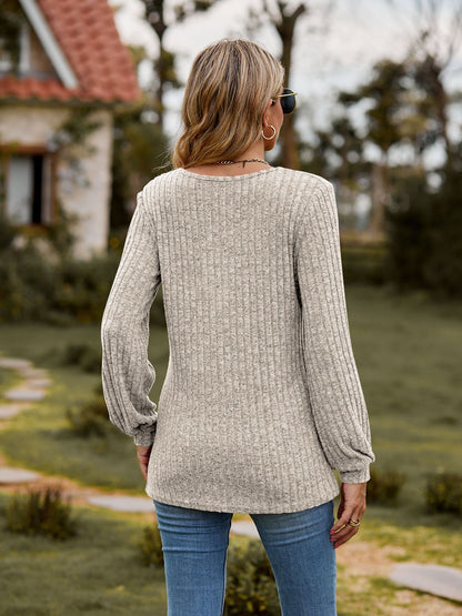 Ribbed Button Front Long Sleeve Knit Top for Women