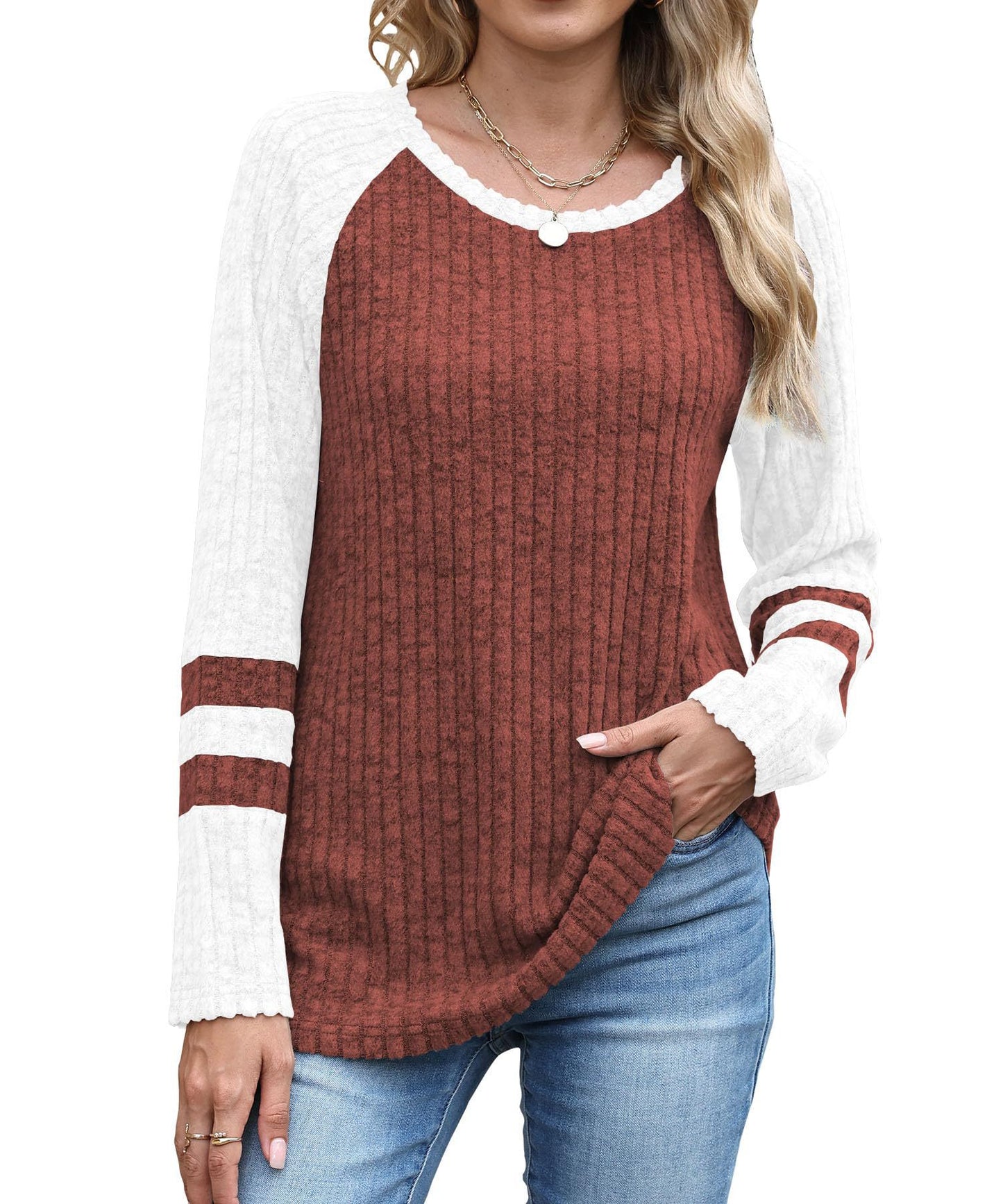 Colorblock Ribbed Knit Sweater Women Casual Pullover Top