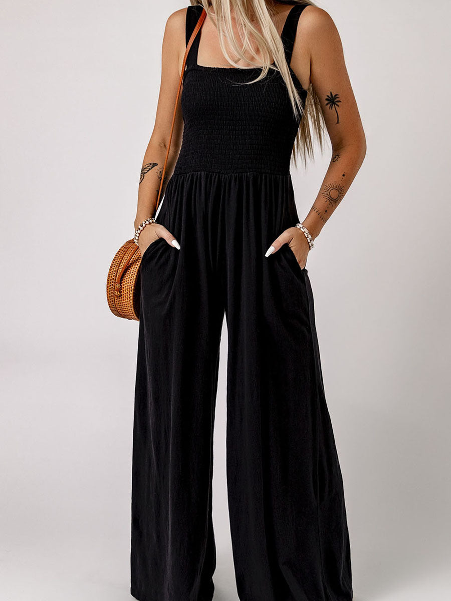 Simple High Waisted Strapless Wide Leg Wrap Pure Black One-piece Trousers Plus Size