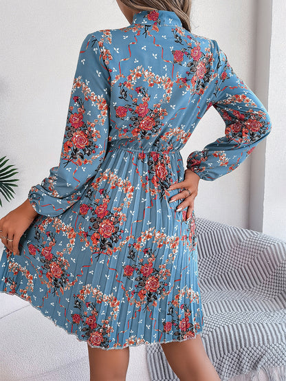 Floral Tie Neck Long Sleeve Pleated Midi Dress