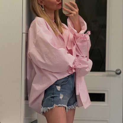 Oversized Pink Striped Flare Sleeve Button Down Shirt