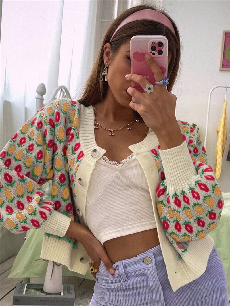 Women's Floral Button Front Crop Cardigan Sweater