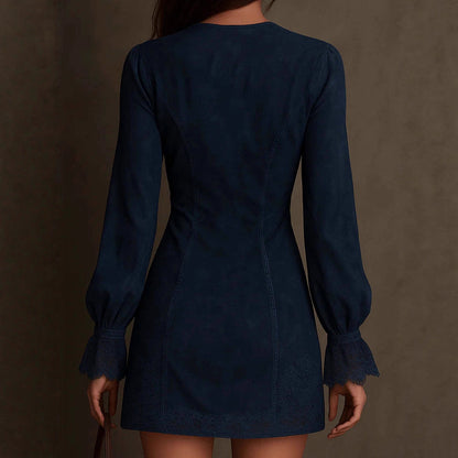 Boho Suede Lace Zip Front Long Sleeve Mini Dress
