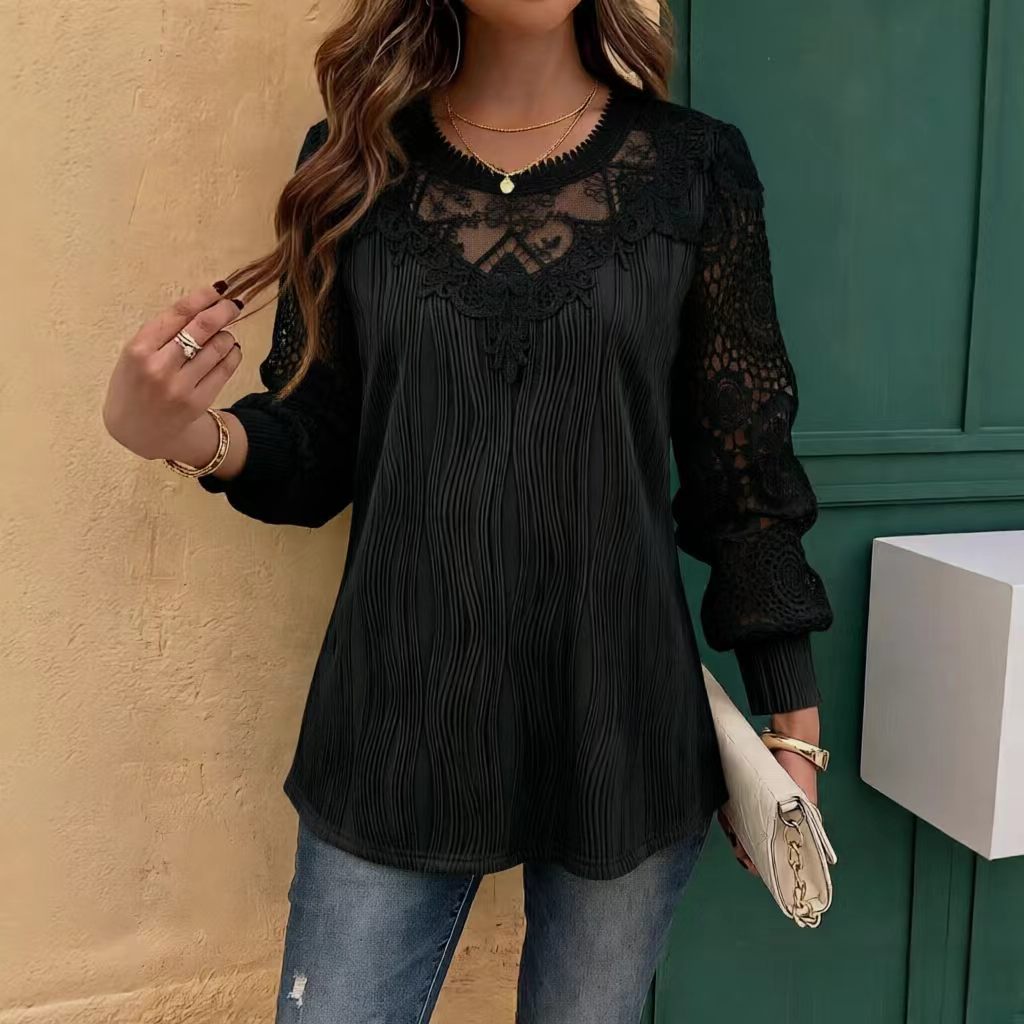Women's Lace Trim Ribbed Long Sleeve Tunic Top