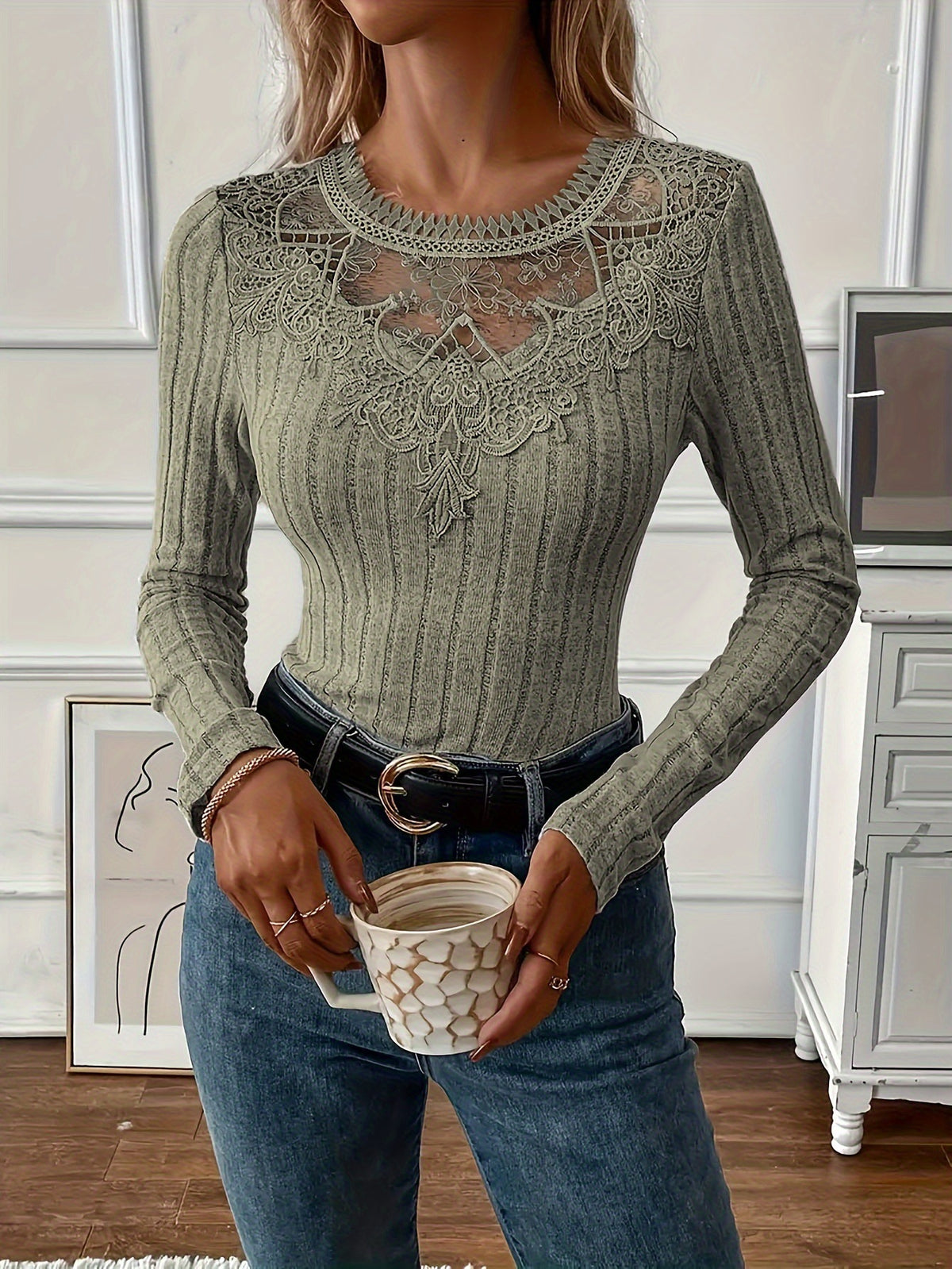 Women's Lace Panel Ribbed Long Sleeve Top