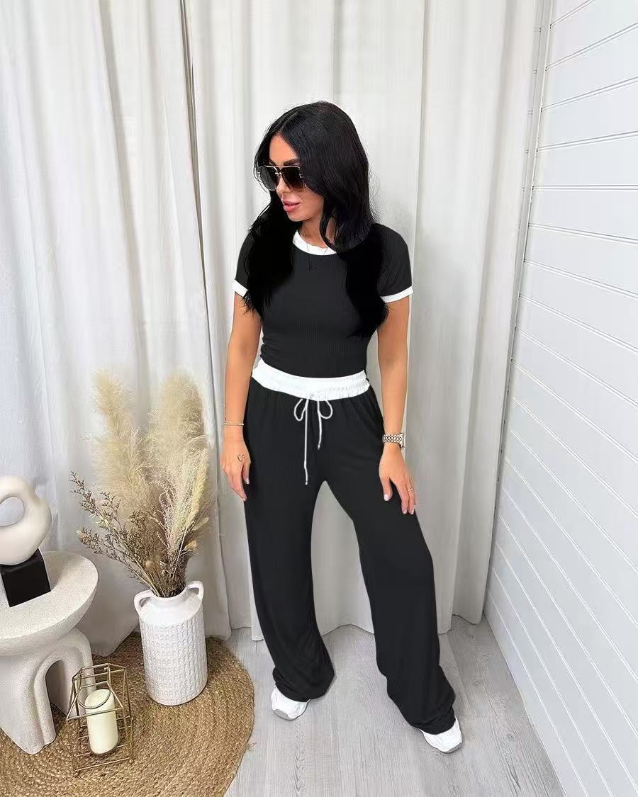 Ribbed Contrast Trim Crop Top Wide Leg Pants Set