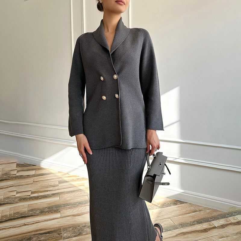 Elegant Two Piece Button Cardigan Maxi Skirt Set