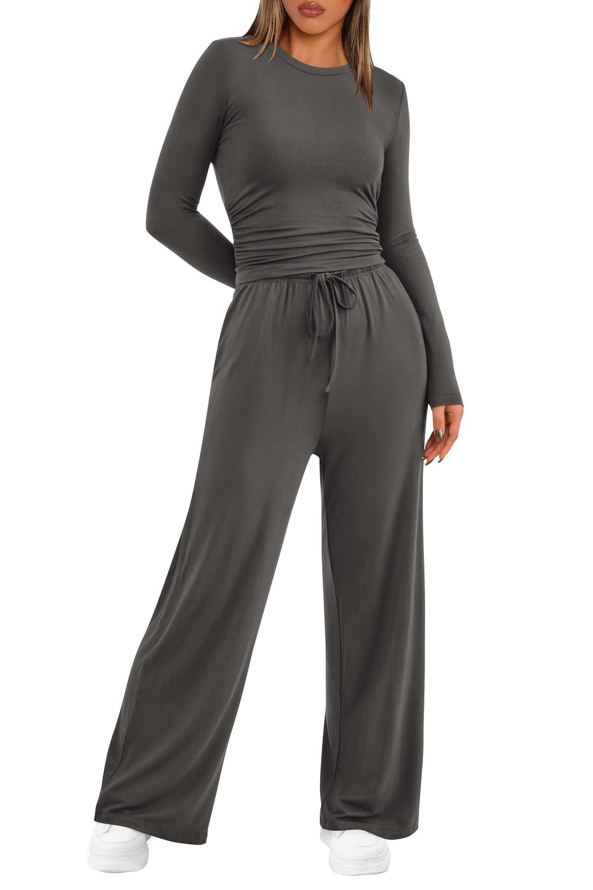 Women's Ruched Long Sleeve Top Wide Leg Pants Lounge Set